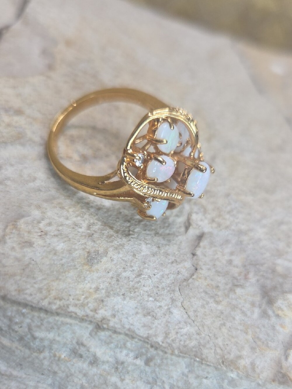 Vintage 12K Gold Filled Opal Cluster Ring - White Opal Floral Design 8 - Picture 5 of 8